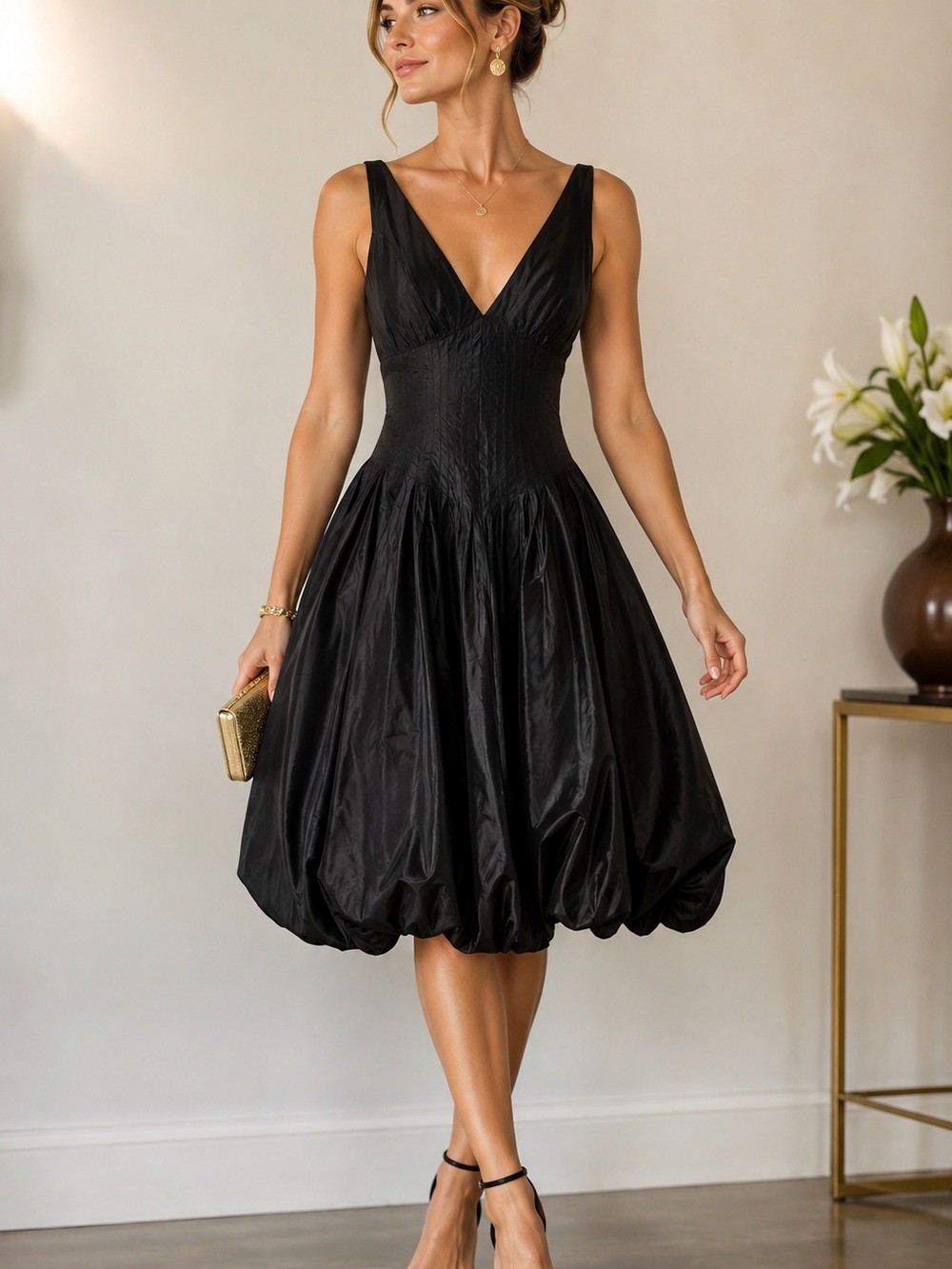 Vintage Teri Jon Rickie Freeman Black Silk Bubble Hem Cocktail Dress V-Neck 6